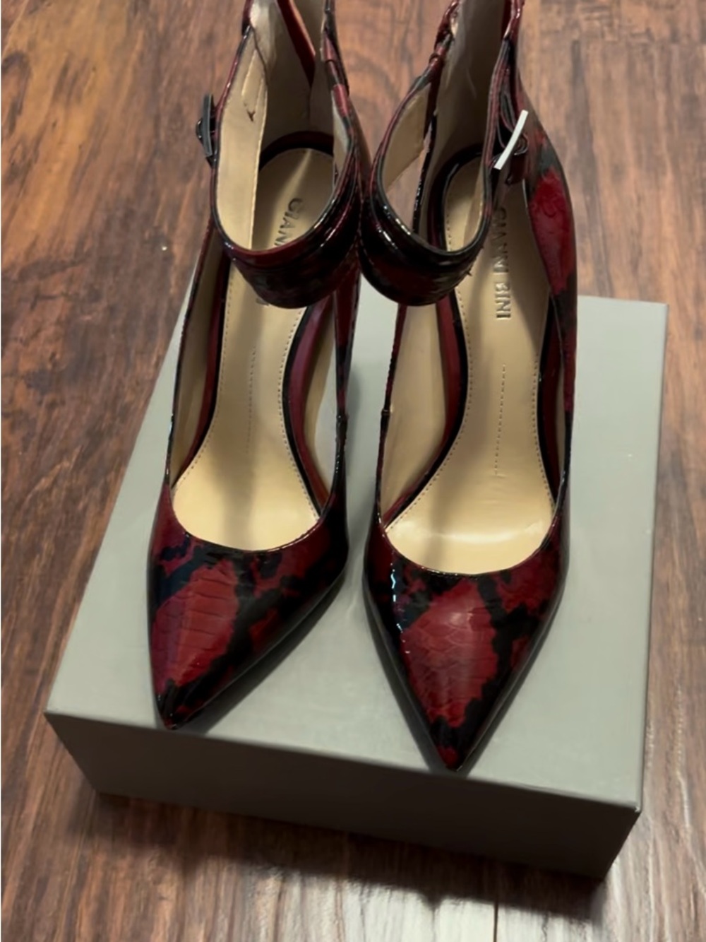 Giani Bini Burgundy and Black Patent Pointed-Toe Ankle-Strap Pumps
